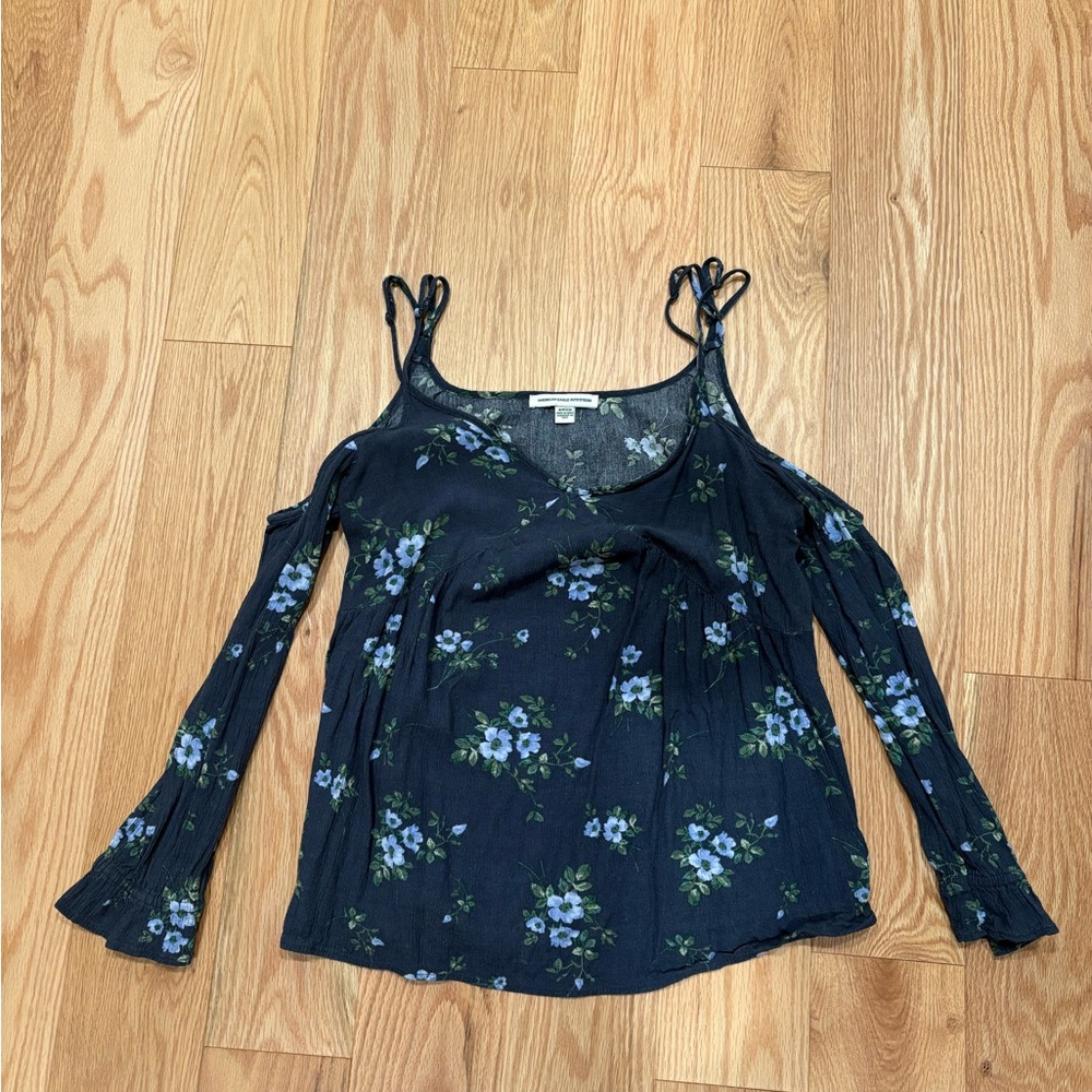 American Eagle Navy Blue Floral Cold Shoulder Top Small